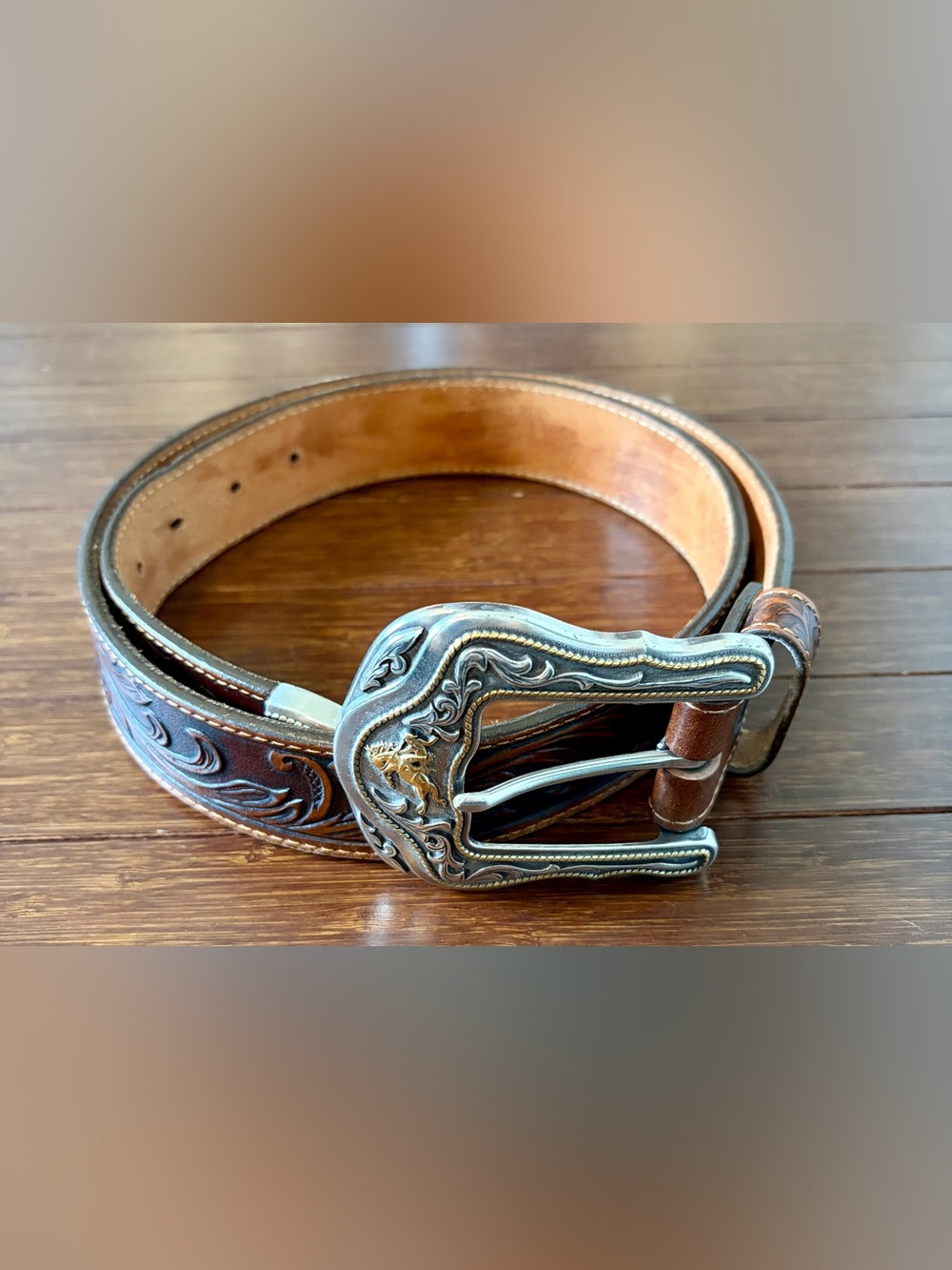 TONY LAMA MEN'S WESTERLY RIDE BELT SIZE 36 made USA TOOLED LEATHER BROWN BRONC